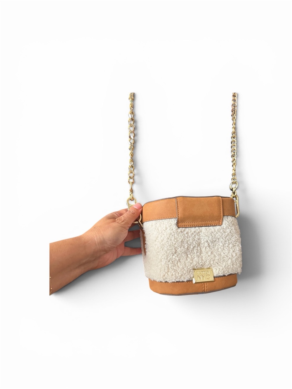 Madden NYC Sherpa Bucket Crossbody with Tan Trim and Gold Chain